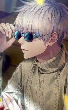 an anime character wearing sunglasses and holding his hand up to his face while looking at something