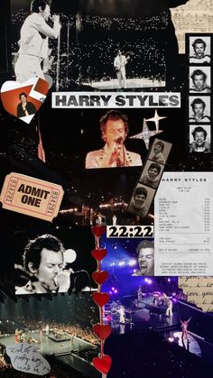 the collage has many different pictures and words on it, including an advertisement for harry styles