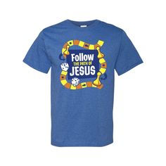 This adult t-shirt is the perfect addition to your VBS supplies. The short-sleeved, blue t-shirt features an image of a board game path and the inspirational words, "Follow the Path of Jesus." Outfit your staff in this stylish t-shirt for your Board Game VBS program.o Fits sizes 38-40.o Brand: Fruit of the Loomo Short sleeveo High-density fabrico 50% cotton and 50% polyester.o Tear away labelo Double needle hemmed sleeves and bottomo Need more? With our tees, we've got your back (and front)! To order in bulk for any size group, just call 1-877-513-0384. Or, give us a ring if you'd like to easily customize any of our pre-printed shirts with our free design service.o © OTC Board Game Vbs, Game Vbs, Jesus Outfit, Vbs 2023, Got Your Back, Blue T Shirt, Blue T, Blue Tshirt, Fruit Of The Loom