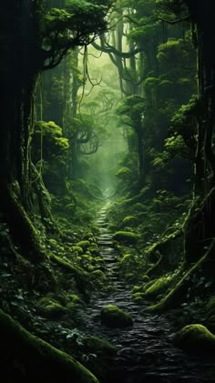 a path in the middle of a forest with moss growing on it's sides