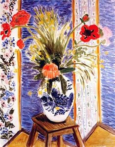 a painting of flowers in a vase sitting on a stool next to an open window