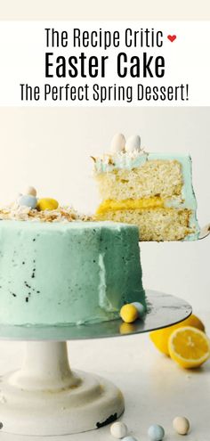 a cake with blue icing and yellow candies on the side that says, the recipe crict easter cake the perfect spring dessert