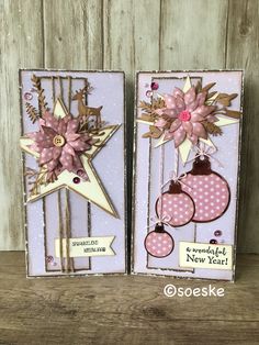 two cards with christmas ornaments on them, one is pink and the other is white