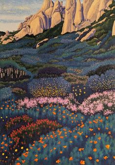 a painting of mountains and flowers in the foreground