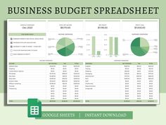 the business budget spreadsheet is shown in green and has an image of a pie chart