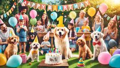 a group of dogs sitting in front of a birthday cake surrounded by people and balloons