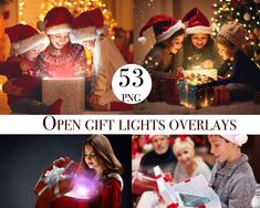 children opening gifts overlays with christmas lights in the background and presents under them