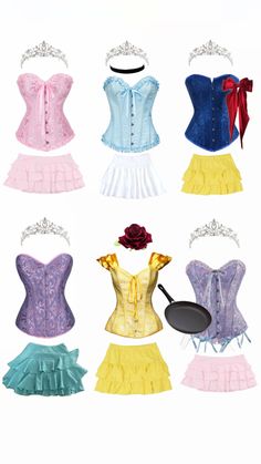 six different colored corsets are arranged in a circle