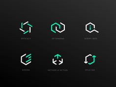 six different logos designed to look like hexagons and letters, all in green