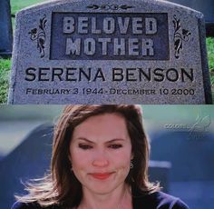 a woman standing in front of a headstone with the caption beloved mother serena benson