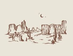 an ink drawing of desert landscape with rocks and trees in the foreground at night