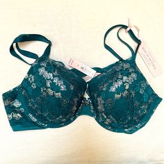 Nwt Victoria’s Secret Teal And Silver Bra 36c Elegant Green Stretch Bra, Fitted Green Bra With Padded Cups, Elegant Green Bra With Padded Cups, Elegant Green Spring Bra, Fitted Green Bra Partially Lined, Fitted Partially Lined Green Bra, Elegant Green Push-up Bra, Fitted Green Push-up Bra, Fitted Green Underwire Bra