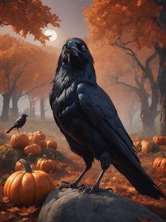 a black bird sitting on top of a rock next to a forest filled with pumpkins