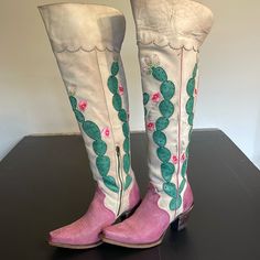 Hard To Handle Over The Knee In Pink And White Cactus Boots By Lane . The Boots Were Picked By Miranda From Her Home Closet . Proceeds Benefited The Miranda Muttnation Foundation Www.Muttnation.Com. No Size Showing But Was Sold 7 Or 7.5 Downsizing Reason For Selling. Pink Western Style Closed Toe Boots, Western Style Pink Almond Toe Boots, Pink Boots With Leather Sole And Round Toe, Pink Western Boots With Almond Toe, Pink Round Toe Boots With Leather Sole, Pink Leather Sole Round Toe Boots, Pink Western Style Mid-calf Boots For Winter, Pink Leather Western Heeled Boots, Spring Embroidered Knee-high Boots