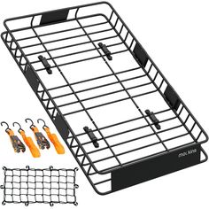 The Mockins Extendable Roof Carrier Set features a rust-proofed steel basket, which extends from 43 to 64 inches in length, supports a hefty 250 lbs of cargo and offers a number or tie down options for your convenience. Simply secure the basket to your vehicle's crossbars, using the provided u-bolts and choose between the water-resistant ratchet straps, bungee net or a combination of both to secure your load. The provided bungee net is manufactured using 6mm thick cording and has 4x4" mesh holes Roof Basket, Cargo Net, Ratchet Straps, Cargo Carrier, Basket Design, Automotive Accessories, Basket Sets, Roof Rack, Black Steel