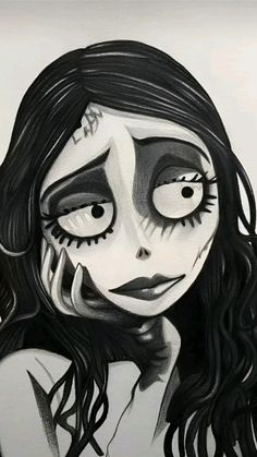 a black and white drawing of a woman's face with makeup painted on it