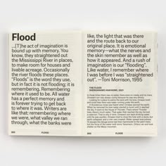 an open book with black and white text on the page, which reads flood like the light that was there