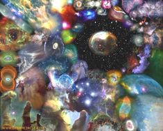 an abstract painting with lots of bubbles and stars in the sky, as well as other objects