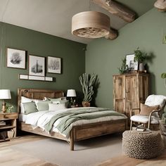 a bedroom with green walls and wooden furniture