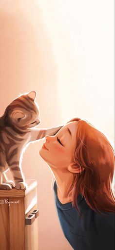 a painting of a woman kissing a cat on the nose with her eyes closed,