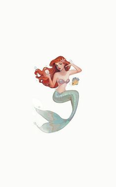 a drawing of a mermaid with long red hair and a fish in it's mouth