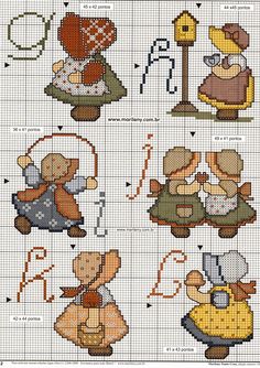 cross stitch pattern with teddy bears in different positions and sizes, including one holding a heart