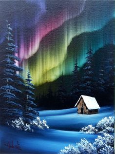 an acrylic painting of a cabin in the woods with aurora lights behind it