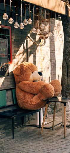 a large teddy bear sitting on top of a wooden bench next to a tree in front of a building