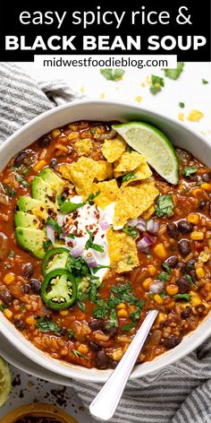 a white bowl filled with black bean and avocado soup