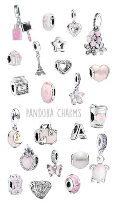 Aesthetic Pandora Charms, Pulsera Pandora Charms Ideas, Pandora Charm Bracelet Ideas, Pandora Charms Aesthetic, Cute Pink Pandora Charms, Pandora Bracelet Ideas, Pandora Pjnk And Gold Charm Bracelet, Pandora Paris Charm