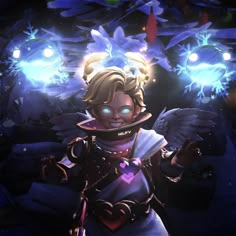 an animated image of a woman with wings on her head and eyes glowing in the dark