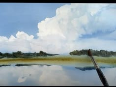 an oil painting of a lake with clouds in the sky