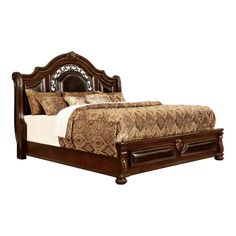 a bed with a wooden headboard and foot board on top of it's frame