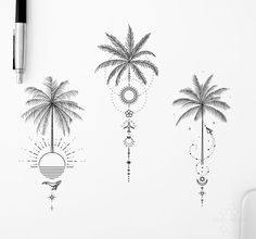 three palm trees are drawn on a white paper with a pen and some ink pens