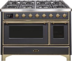 an antique stove with two burners and gold trimmings on the front, against a white background