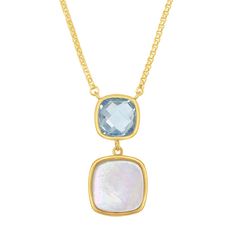 Featuring a blue topaz and mother-of-pearl stones, this Y necklace abounds with sophistication. Featuring a blue topaz and mother-of-pearl stones, this Y necklace abounds with sophistication. Necklace length: 18 in. with 2-in. extender Chain type: rolo Metal: sterling silver Plating: 14k gold flash plated Finish: polished Packaging: boxedSTONE DETAILS Stone type: blue topaz, mother-of-pearl Total weight: 2 1/2 ct. Shape: cushion cut Setting: bezel Gemstones may have been treated to enhance their appearance. Special care may be required. Please visit our Gemstone Treatment & Special Care Guide for more information. Size: 16-18" ADJ. Gender: female. Age Group: adult. Y Necklace, Mother Of Pearl Necklace, Gold Pearl Necklace, Station Necklace, Pearl Gemstone, Fashion Jewelry Necklaces, Silver Blue, Necklace Length