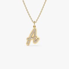 14K Solid Gold Script Font Diamond Initial Necklace, Double Layered 3D Personalized Diamond Necklace, Gold Script Initial Diamond Charm ▶  Details * Made to Order. * Gold KT: 14K Solid Gold (Always) * Custom Gold Color: Rose Gold, Yellow Gold, White Gold * Natural Diamonds * Round Diamond: 26 x 1.00 MM * Total CTW: 0.10 ctw - 0.15 (depending on the letter) * Diamond Color-Clarity: G Color SI * Height of Letter: 12 MM ▶ See more of our Personalized Jewelry here - http://etsy.me/2lRCwze ▶ See our storefront here - http://etsy.me/2lUcVnH  ▶ All store sections here * Diamond Rings - http://etsy.me/2lwKUl8 * Diamond Earrings - http://etsy.me/2lyqVBP * Diamond Necklace - http://etsy.me/2mqa6O1 * Diamond Bracelets - http://etsy.me/2mVrAB5 * Diamond Wedding Rings - https://etsy.me/3YbpVq2 * Gold W Diamond Necklace Gold, 3d Necklace, Sideways Initial Necklace, Script Initial, Diamond Initial Necklace, Rose Gold Charms, Gold Armband, Monogram Jewelry, Monogram Necklace