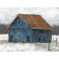 Blue Barn II Poster Print - Ethan Harper-VARPDX165504FN Image 1 Snowy Field, Blue Barn, Brown Roof, Rustic Blue, Rustic Wall Art, Pvc Pipe, Rustic Walls, New Wall, Winter Scenes