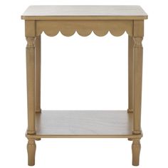 a small wooden table with scalloped edges on the top and bottom, against a white background