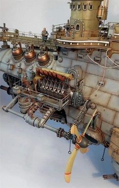 an image of a large machine with lots of pipes and wires on it's side