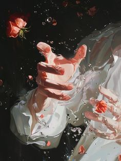 a woman's hands are submerged in water with roses floating on the ground behind her