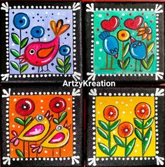 four colorful paintings with birds and flowers on them