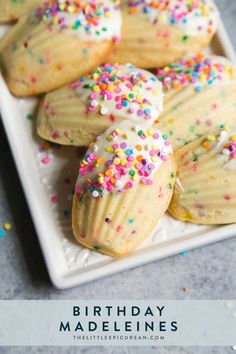 birthday cake cookies with sprinkles on a white platter and text overlay