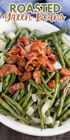 roasted green beans with bacon in a white bowl