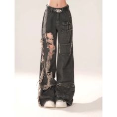 Wide Leg Ripped Jeans: Y2K Grunge Hippie Streetwear  1Measurement In CMsizeWaist(cm)Hips (cm)Pant Length(cm)S609899M64102100L68106101XL72110102XXL76114103 Acubi Clothes, Black Cargo Pants Women, Cargo Pants Women Baggy, Good Clothes, Estilo Harajuku, Ripped Women, Best Pants, Street Jeans, High Waisted Wide Leg Pants