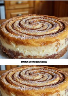 two images of cinnamon roll cheesecake on a plate with the same cake in it