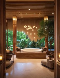 a bathroom with a large tub surrounded by plants and candles on the wall next to it