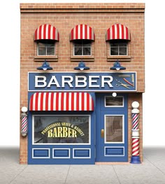 an image of a barber shop on the side of a building with red, white and blue awnings