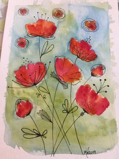 a watercolor painting of red flowers on a green background