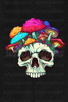 a skull with mushrooms on it's head in front of a black background that says wildflowers